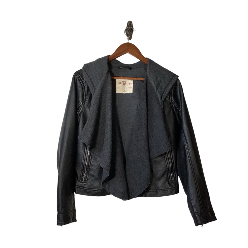 Hollister Black Leather Jacket with Gray Hood